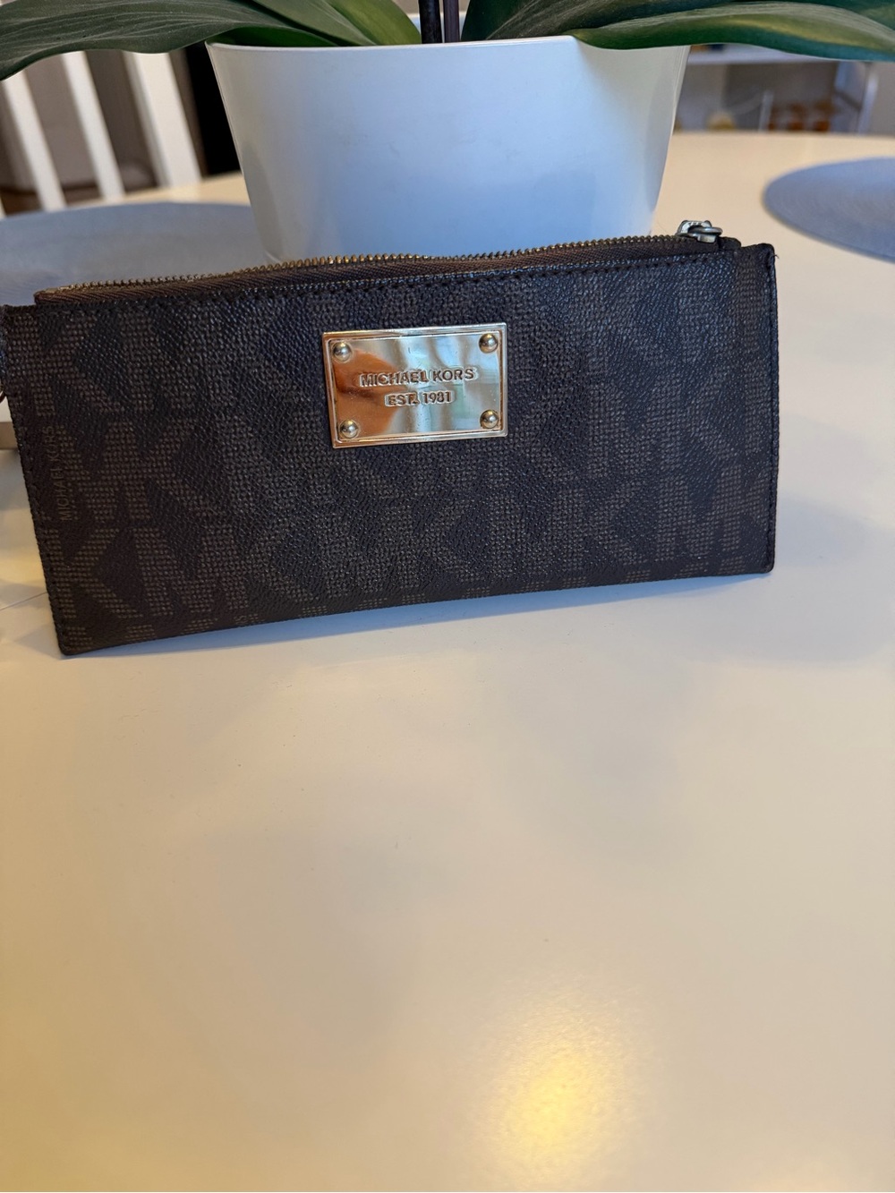 Michael Kors Dark Brown MK Monogram Zip Card Holder with Gold Plaque